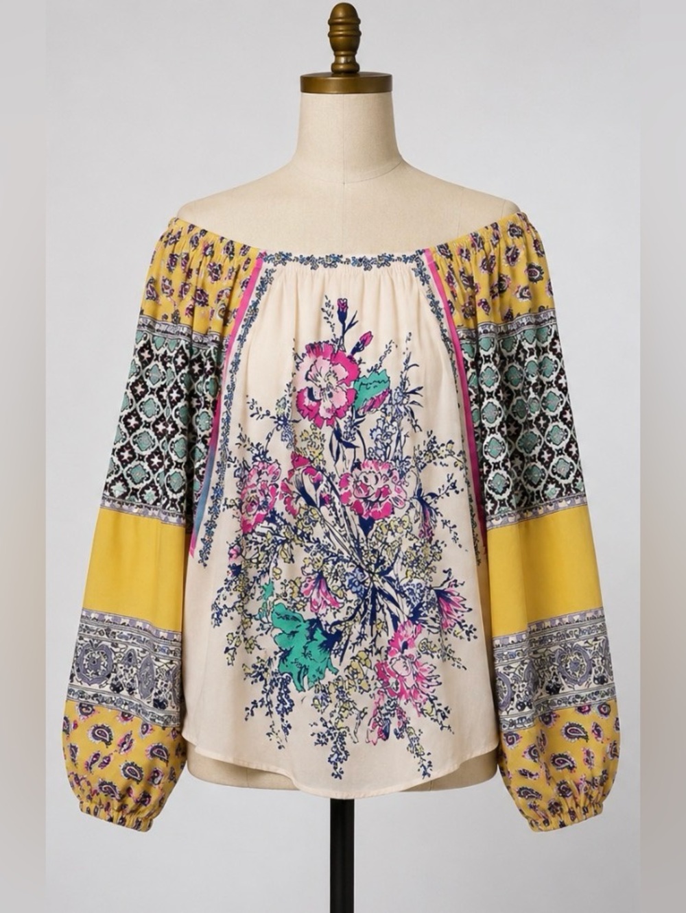 Free People Positano Printed Blouse Sz XS Peach Floral Off Shoulder Boho Y2K - Picture 7 of 15